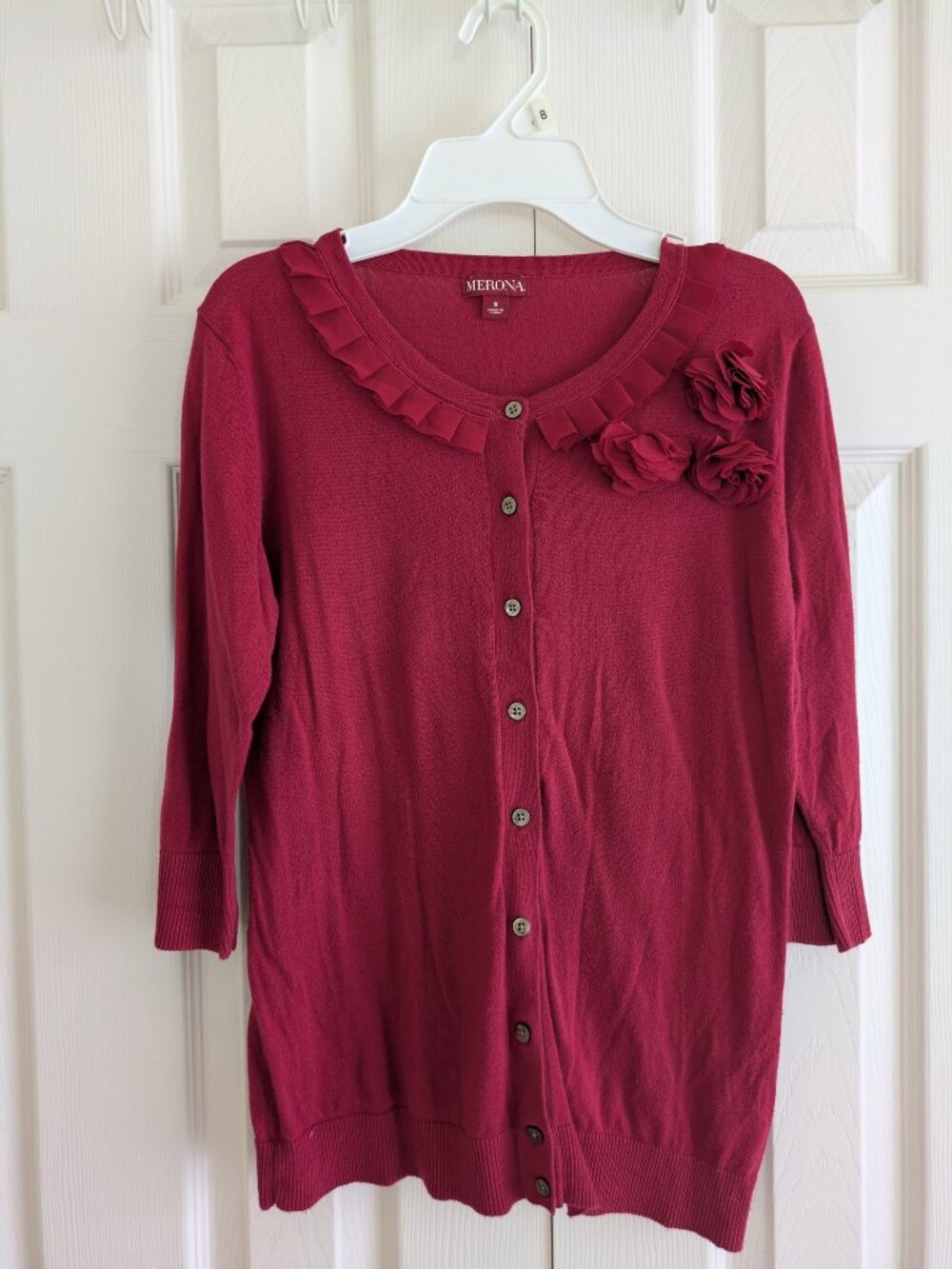 Merona 3/4 Sleeze Maroon/Burgundy Button Up Sweater with Embellishments, Size S
